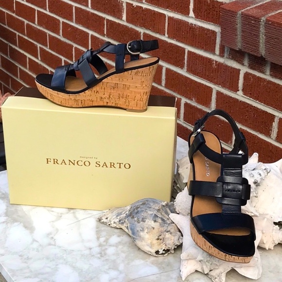 NWT In Original Box Franco Sarto Cera Blk Leather Cork Wedge Sandals Size 7.5 M - Picture 2 of 15